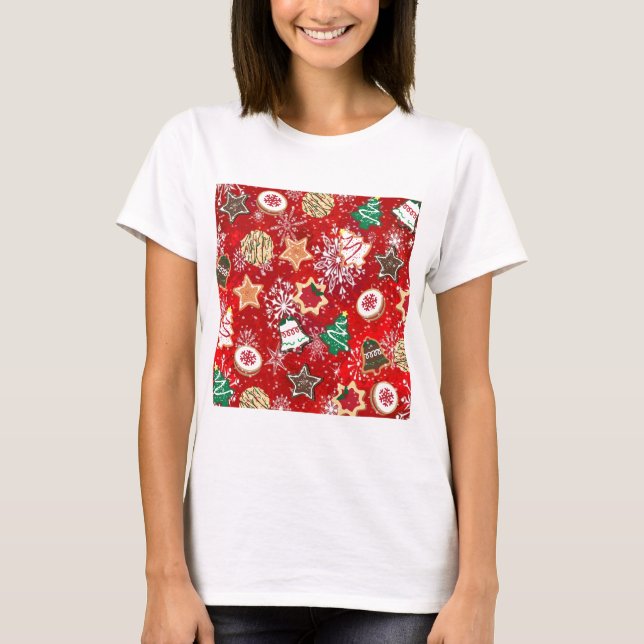 Camiseta Navidades cocina y copos de nieve en rojo (Anverso)