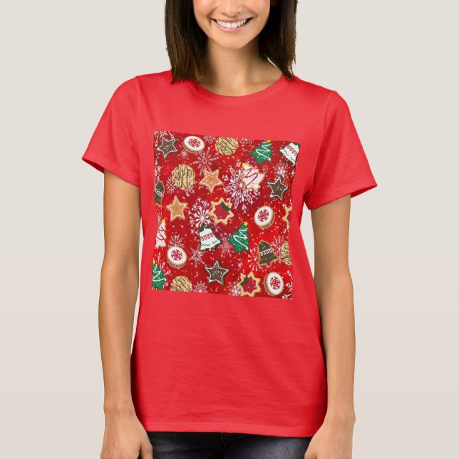 Camiseta Navidades cocina y copos de nieve en rojo (Anverso)