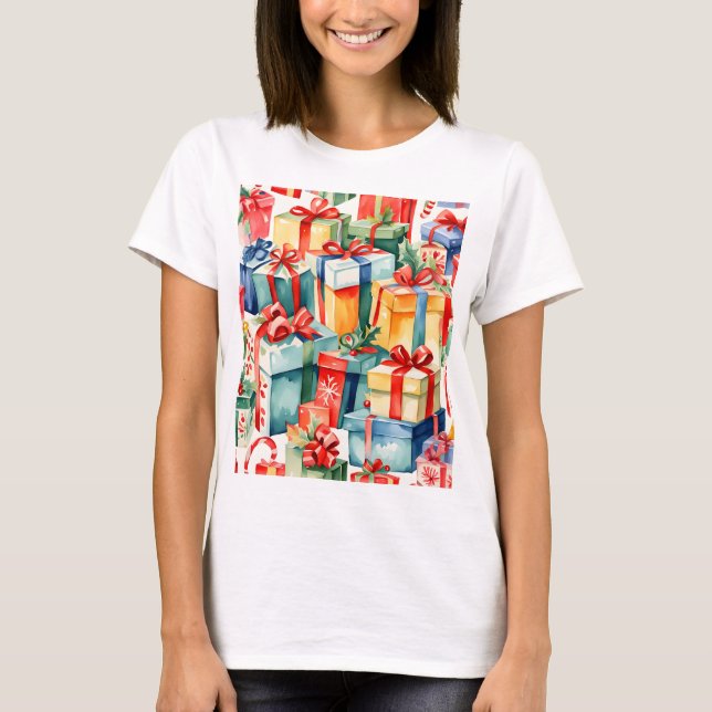 Camiseta Navidades coloridos Regalos Patrón de acuarela (Anverso)