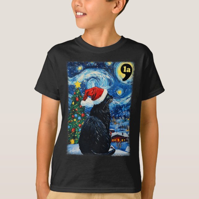 Camiseta Navidades Comma de gato negro estrellada La Kamala (Anverso)