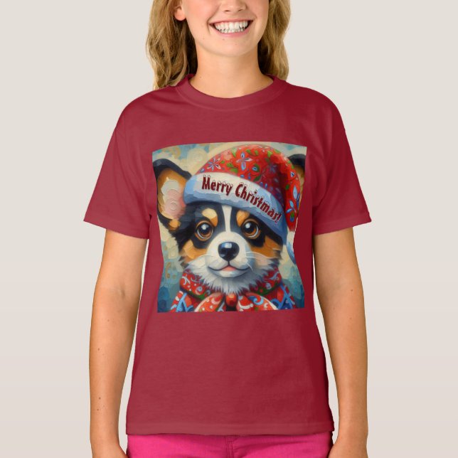 Camiseta Navidades Corgi Dog Puppy con Santa Hat (Anverso)