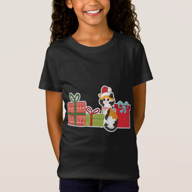 Camiseta Navidades cortos Calico Cat con Santa Hat - Mascot (Anverso)