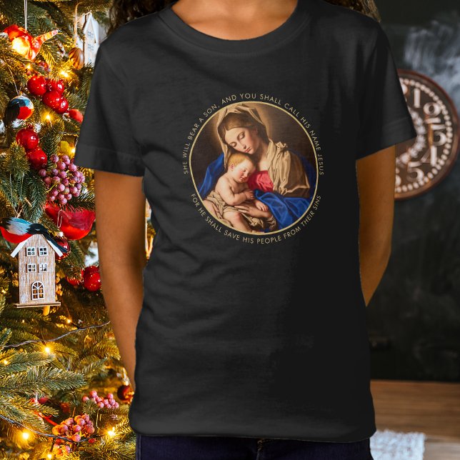 Camiseta Navidades cristianos madoneses y niños obsequios a (Madonna & Child Christian Christmas t-shirt for girls wit h Bible verse)