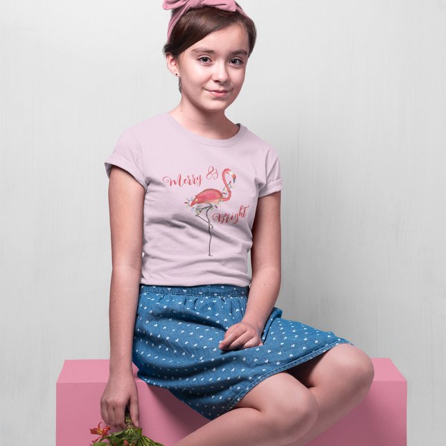 Camiseta Navidades curos Personalizado Flamingo Rosa (Pink Flamingo Merry and Bright Girls T Shirt. )