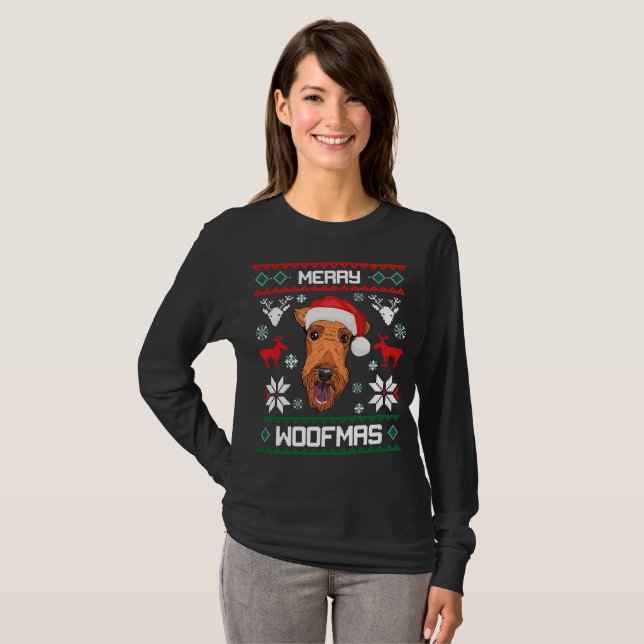 Camiseta Navidades de Airedale Terrier Merry Woofmas (Anverso completo)
