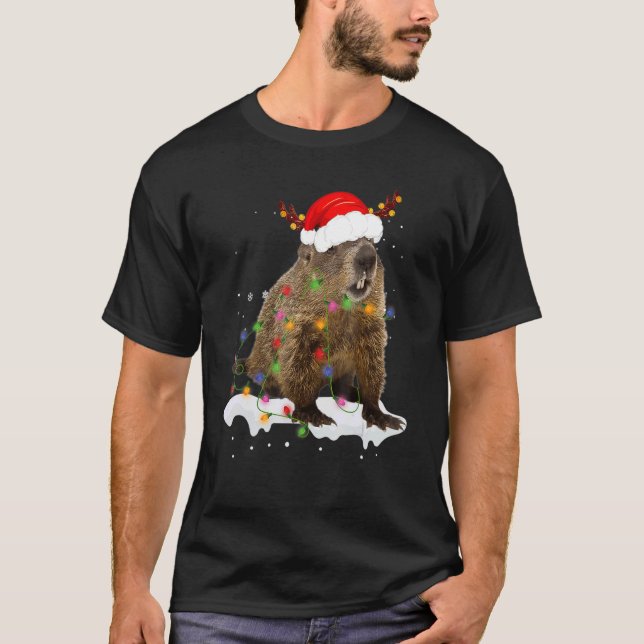 Camiseta Navidades de animales de Santa Groundhog iluminan  (Anverso)