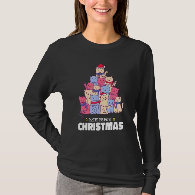 Camiseta Navidades de árbol de navidad de gato alumbran al  (Anverso)