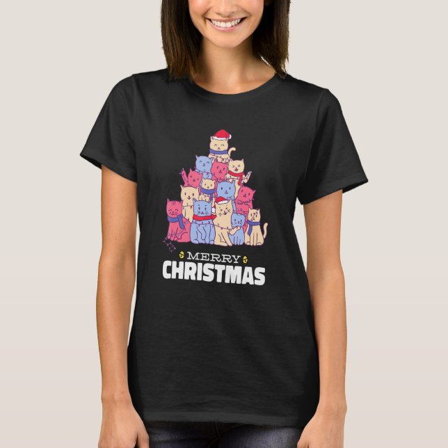Camiseta Navidades de árbol de navidad de gato alumbran al  (Anverso)