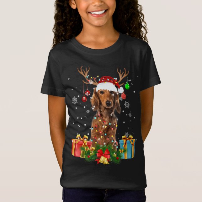 Camiseta Navidades de árboles de perro de Dachshund alumbra (Anverso)