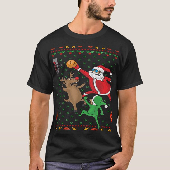 Camiseta Navidades de baloncesto Santa y Reindeer Long Slee (Anverso)