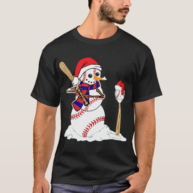 Camiseta Navidades de béisbol Snowman jugando T-Shir de béi (Anverso)
