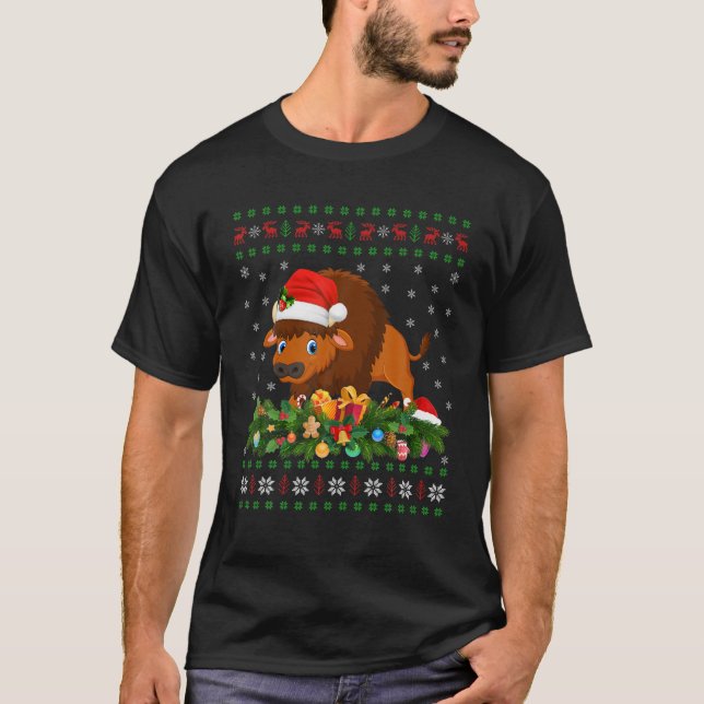 Camiseta Navidades de Bison Animal Lover Santa Hat Ugly Bis (Anverso)