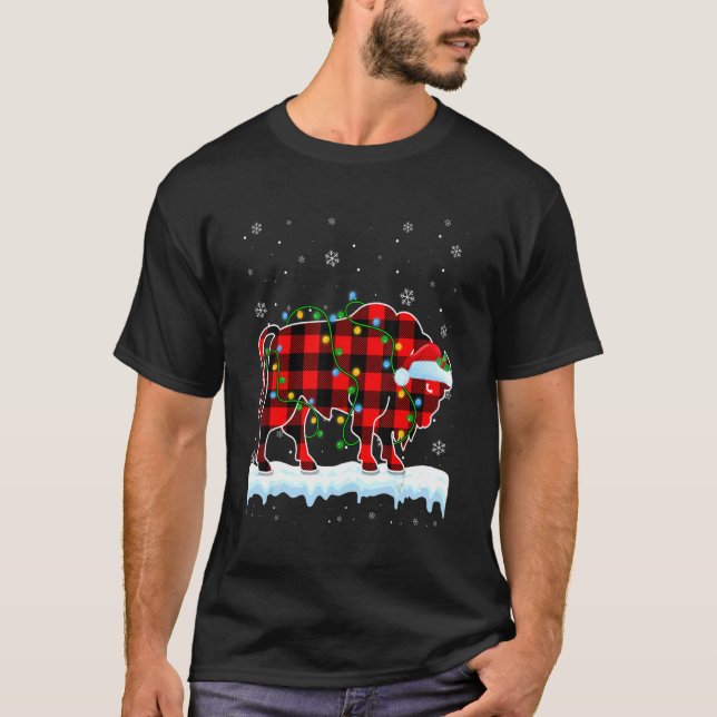 Camiseta Navidades de Bison Santa Hat Cute Animals Luz de N (Anverso)