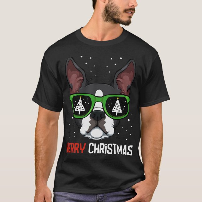 Camiseta Navidades de Boston Terrier Pajama Dog Gafas de so (Anverso)