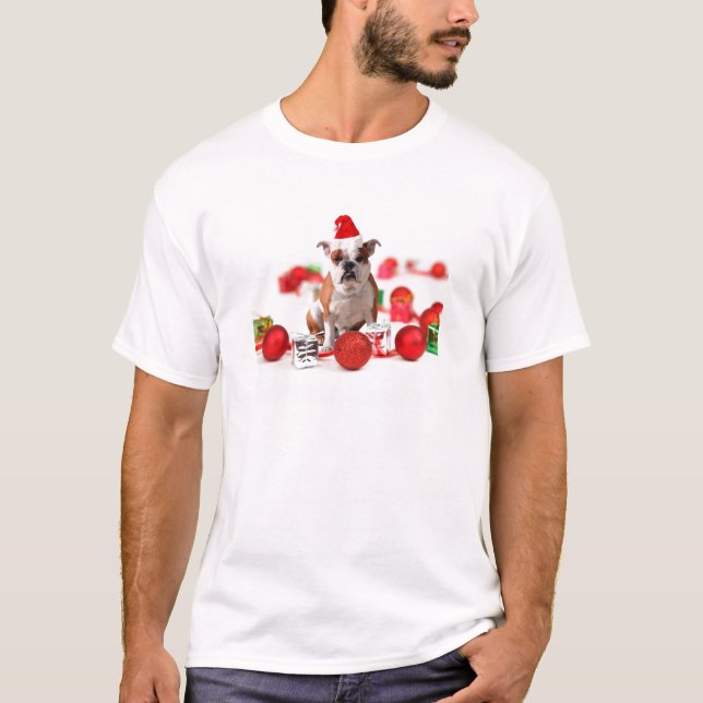 Camiseta Navidades de bulldog Caja de regalo Ornamentos Red (Anverso)