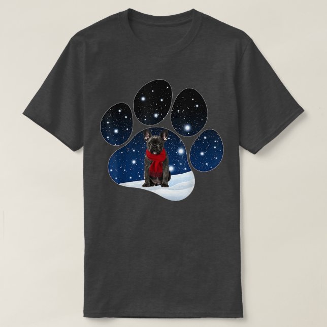 Camiseta Navidades de Bulldog francés NEGRO lanzan nieve en (Diseño del anverso)