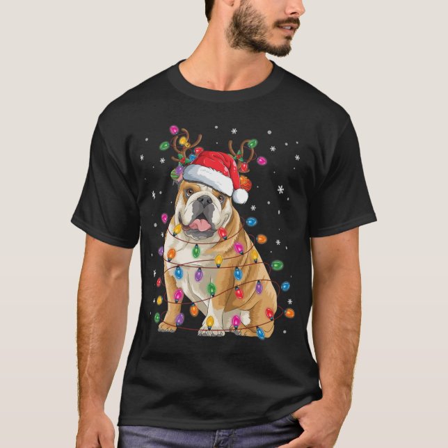 Camiseta Navidades de Bulldog ingleses renos Santa Hat grac (Anverso)