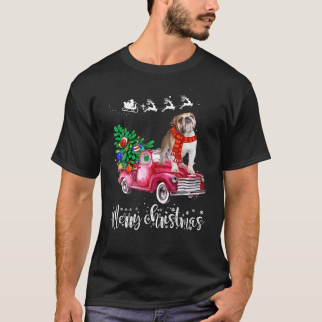 Camiseta Navidades de Bulldog ingleses viajan en camión roj (Anverso)
