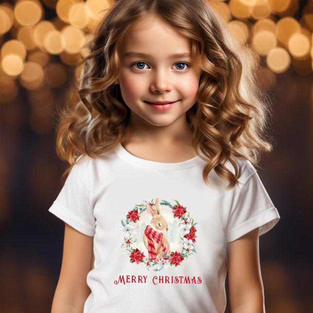 Camiseta Navidades de Bunny Poinsettia Watercolor Chica (Bunny Poinsettia Watercolor Girl Christmas T-Shirt)