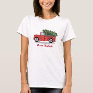 Camiseta Navidades de caligrafía caprichosa camioneta roja