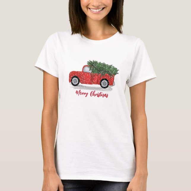Camiseta Navidades de caligrafía caprichosa camioneta roja  (Anverso)