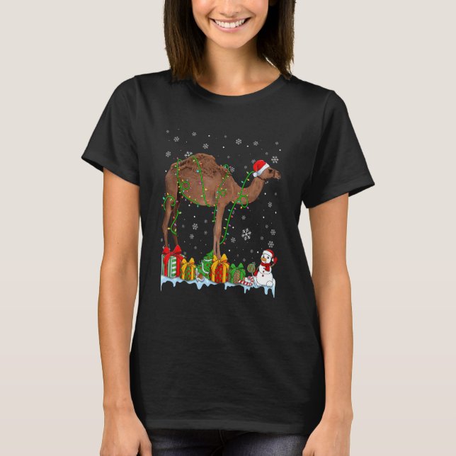 Camiseta Navidades de camellos de Santa Hat iluminan animal (Anverso)