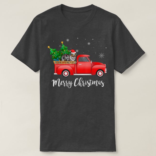 Camiseta Navidades de Camión Rojo de Pastores Australianos (Diseño del anverso)