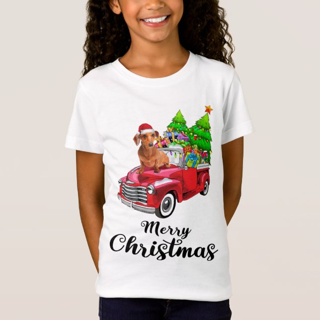 Camiseta Navidades de Camión Rojo en Dachshund (Anverso)