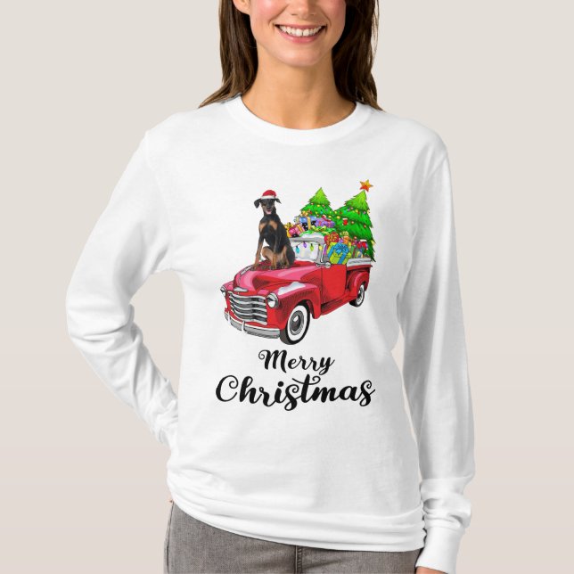 Camiseta Navidades de camiones rojos de Doberman Pinscher R (Anverso)