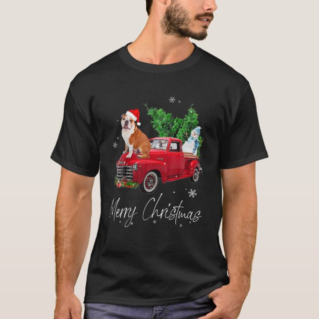 Camiseta Navidades de Camiones Rojos en Bulldog inglés (Anverso)