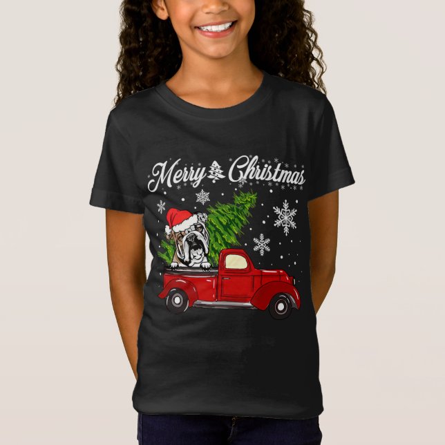Camiseta Navidades de Camiones Rojos en Bulldog inglés dic (Anverso)