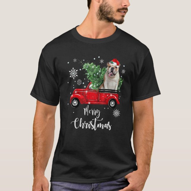Camiseta Navidades de Camiones Rojos en Bulldog inglés dic (Anverso)