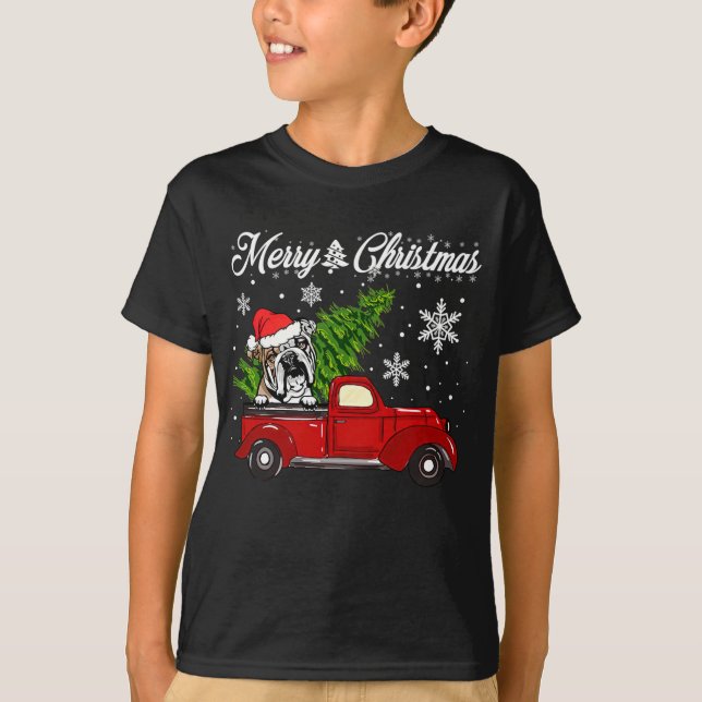 Camiseta Navidades de Camiones Rojos en Bulldog inglés dic (Anverso)
