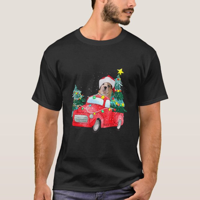 Camiseta Navidades de camionetas rojas en Bulldog inglés Do (Anverso)