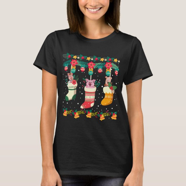 Camiseta Navidades de cerdos cotizan X-mas iluminan Pajama  (Anverso)