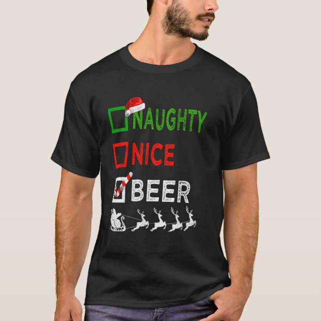 Camiseta Navidades de cerveza Naughty Nice Pajamas Funny Sa (Anverso)