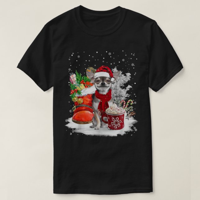 Camiseta Navidades de Chihuahua Santa Hat Eggnog Boots Niev (Diseño del anverso)