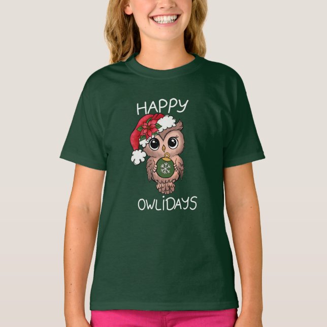 Camiseta Navidades de Cute Happy Owlidays Owl Green (Anverso)