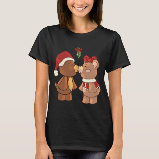 Camiseta Navidades De Cute Teddy Bears Besando Bajo Mistlet (Anverso)