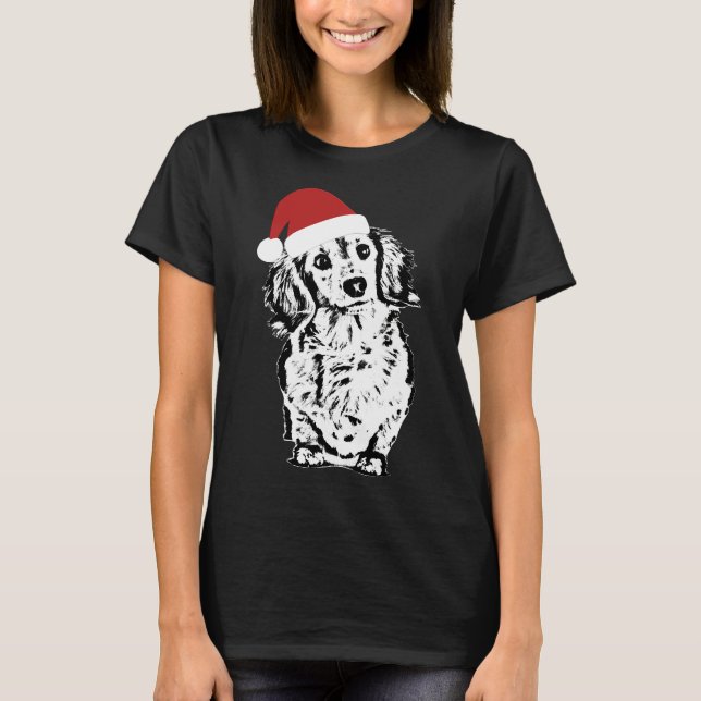 Camiseta Navidades de Dachshund de pelo largo Santa Hat (Anverso)