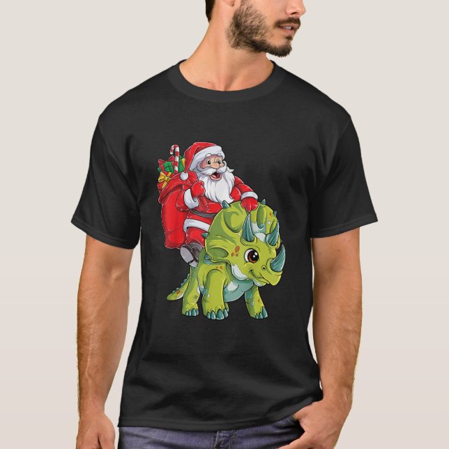 Camiseta Navidades de Dinosaurios de Santa Riding Tricerato (Anverso)