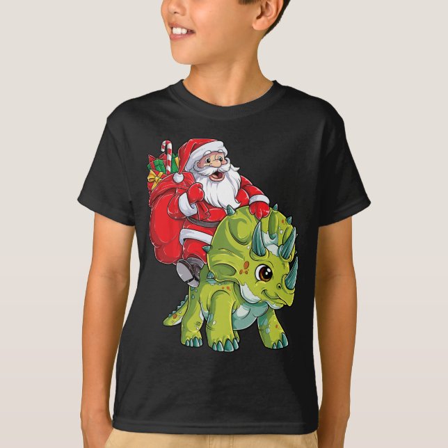 Camiseta Navidades de Dinosaurios de Santa Riding Tricerato (Anverso)