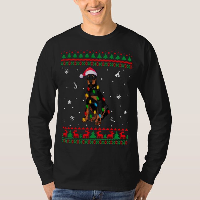 Camiseta Navidades de dulces feos alumbran a perro doberman (Anverso)