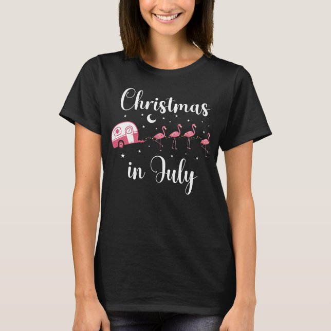 Camiseta Navidades de Flamingo Camping en julio RV Bus (Anverso)