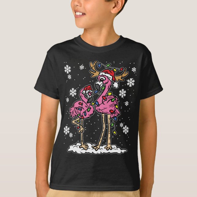 Camiseta Navidades De Flamingo Encenden A Santa Hat Pajama  (Anverso)