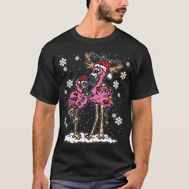 Camiseta Navidades De Flamingo Encenden A Santa Hat Pajama  (Anverso)