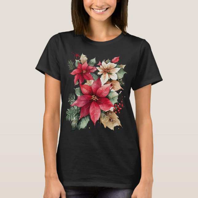 Camiseta Navidades de flores blancas rojas Poinsettia Holly (Anverso)