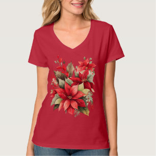 Camiseta Navidades de flores blancas rojas Poinsettia Holly