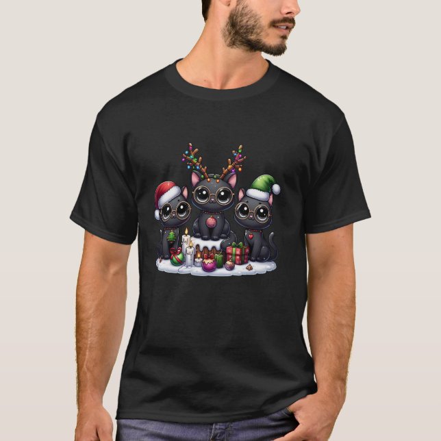 Camiseta Navidades de gato negras de elfo de reno de Santa  (Anverso)