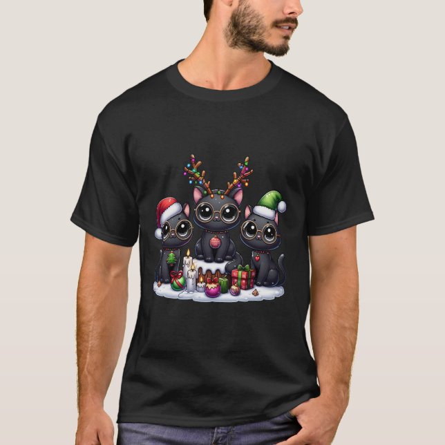 Camiseta Navidades de gato negras de elfo de reno de Santa  (Anverso)